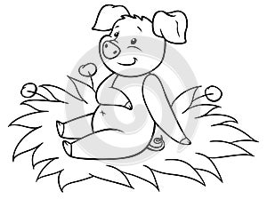 Coloring pages: farm animals. Little cute pig sits on the grass and smiles.